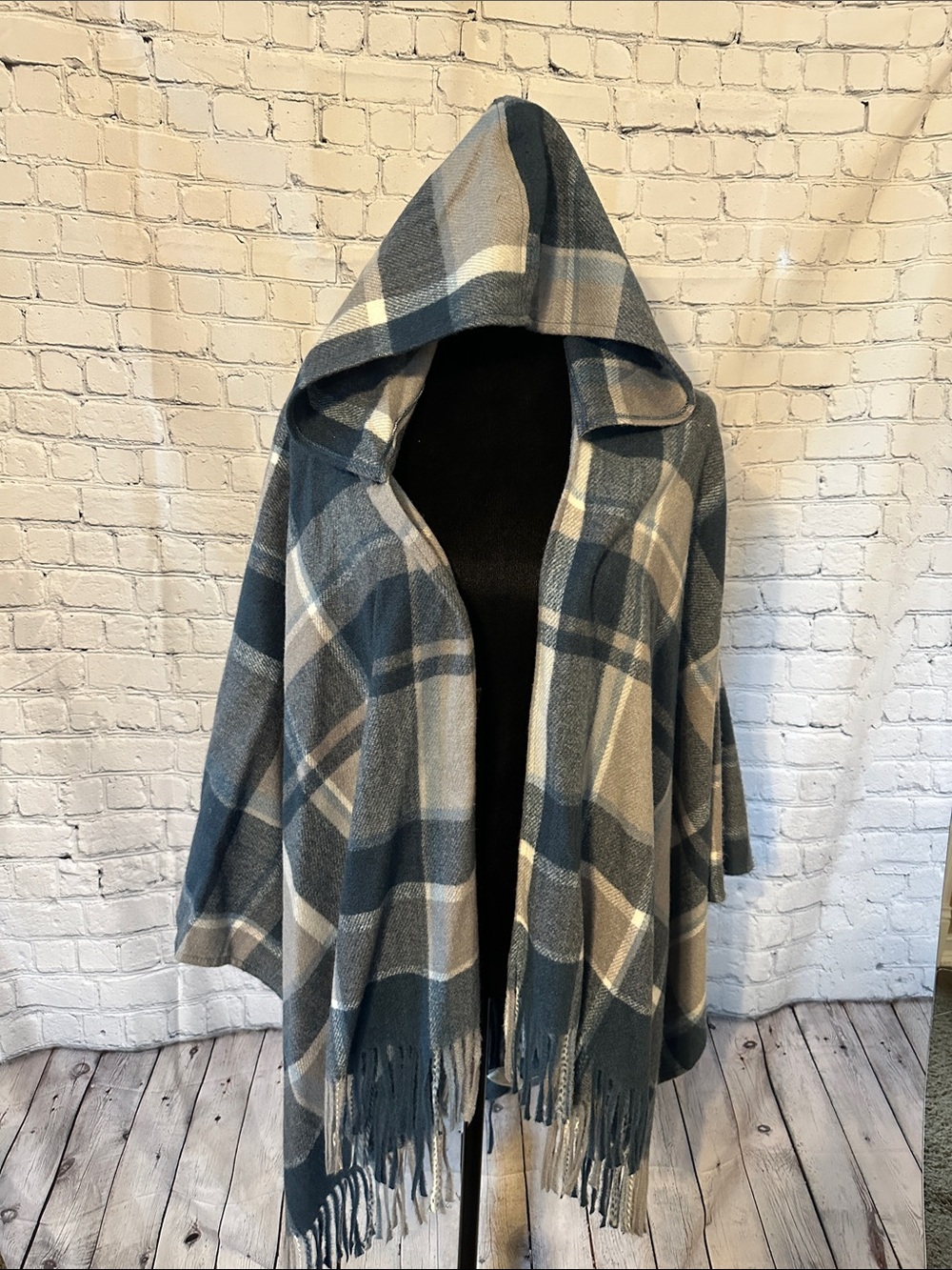 Simply Noelle Hooded Plaid Fringe Cape - Gray, Lt Blue & Cream